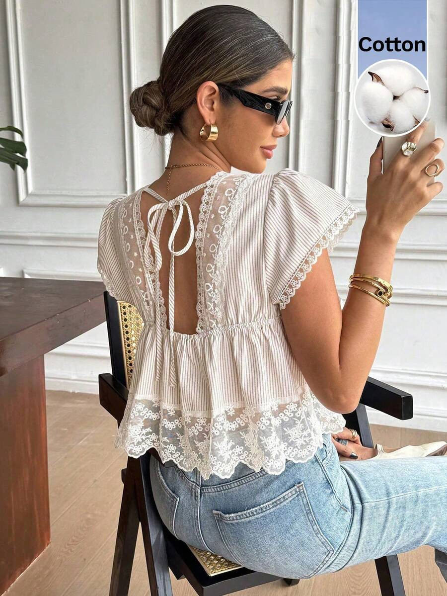 Serisse Women's Casual Striped Lace Patchwork Blouse, Summer | SHEIN