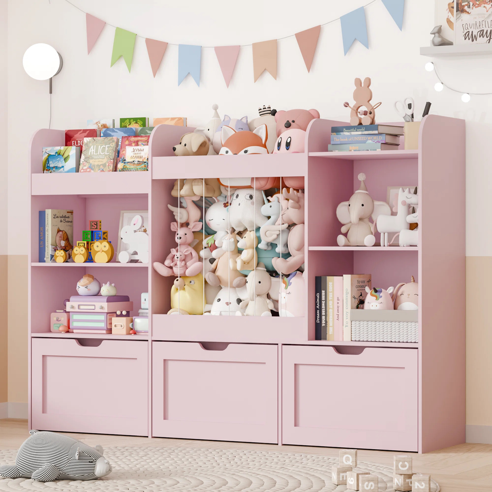 41.3''H Toys Storage Organizer with Kids Bookcases, Stuffed Animal Storage, 3 Movable Drawers, 4 ... | Wayfair North America