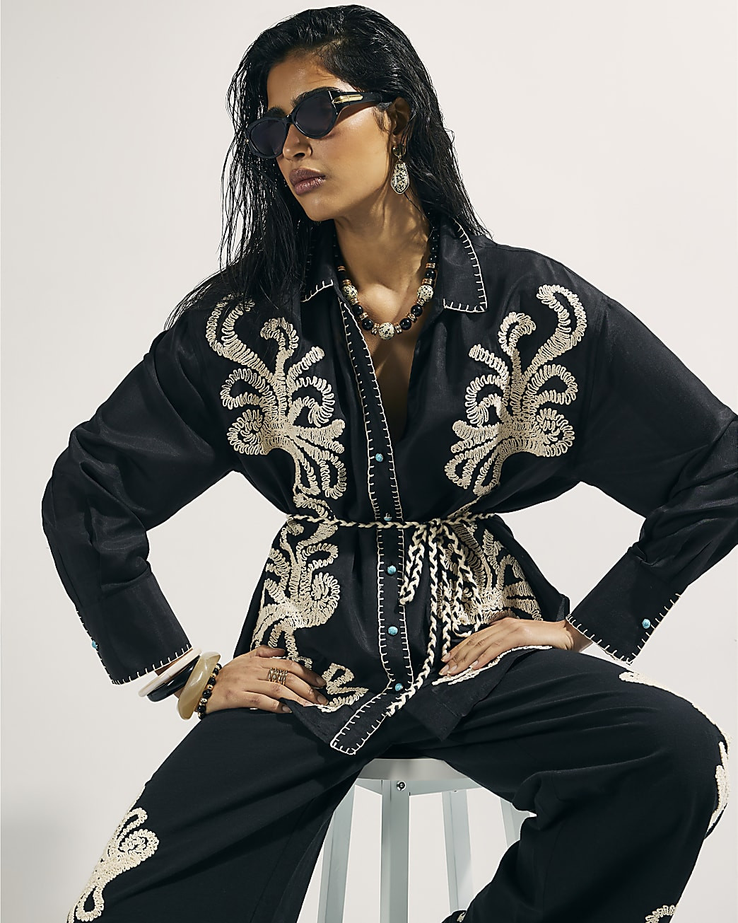 Black Embroidered Beach Shirt | River Island UK & IE