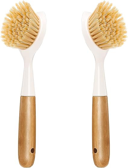 2 Pack Kitchen Dish Brush Bamboo Handle Dish Scrubber Built-in Scraper, Scrub Brush for Pans, Pot... | Amazon (US)