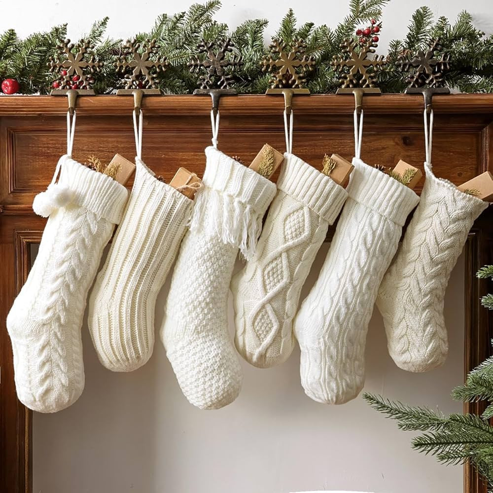 Christmas Stockings: 6 Pack Cream & White Cable Knit Patterns Fireplace Stockings, Rustic Hanging... | Amazon (US)