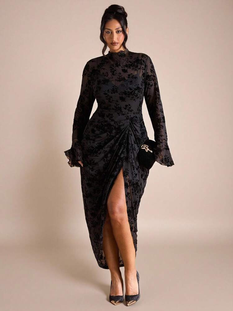 SHEIN BAE Plus Size Women's Early Autumn Flocked Flared Sleeve Stand Collar Split Pleated Dress/Wedding Guest Dress Women,Wedding Guest Dress,Fall Wedding Guest Dress/Halloween Plus Size,Halloween Clothes/ Black Dress/Plus Size Woman Dresses/Plus Size Formal Dress/Birthday Dresses For Women/,Concert Outfits For Women/Homecoming Dress,Hoco Dressses/Fall Wedding Guest Dress/Halloween Plus Size,Halloween Clothes/ Black Dress/Plus Size Woman Dresses/Plus Size Formal Dress/Birthday Dresses For Women/,Concert Outfits For Women/Homecoming Dress,Hoco Dressses/Elegant/Black Dress/National Day,Graduation/Homecoming Dress,Formal Dress Plus Size,Fall Clothes Plus Size,Plus Size Woman Dresses,Dresses Classy Elegant/Long Sleeve Dress ,Curvy Elegant Dresses For Party | SHEIN