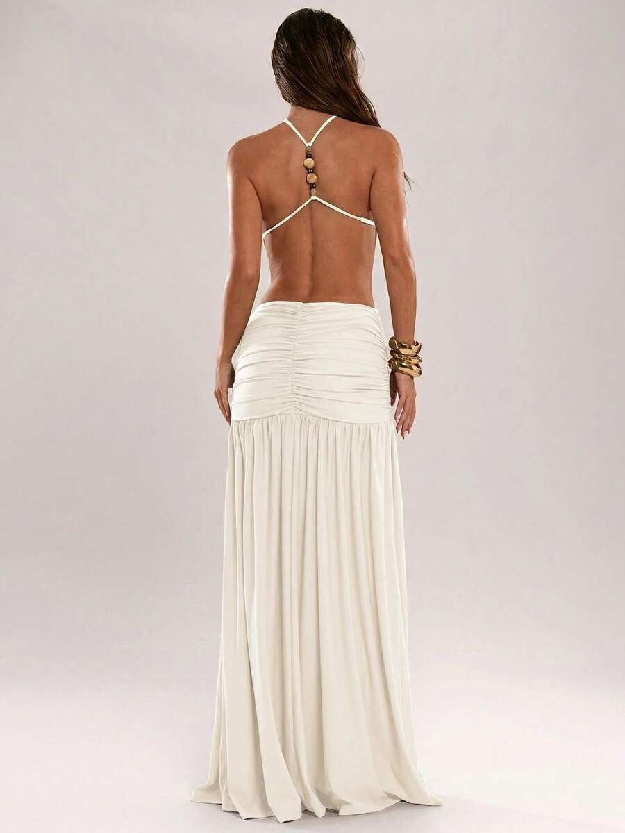 SHEIN BAE Women's Beaded Decor Halter Backless Dress,Solid Color Off White Boho Beach Vacation Ho... | SHEIN