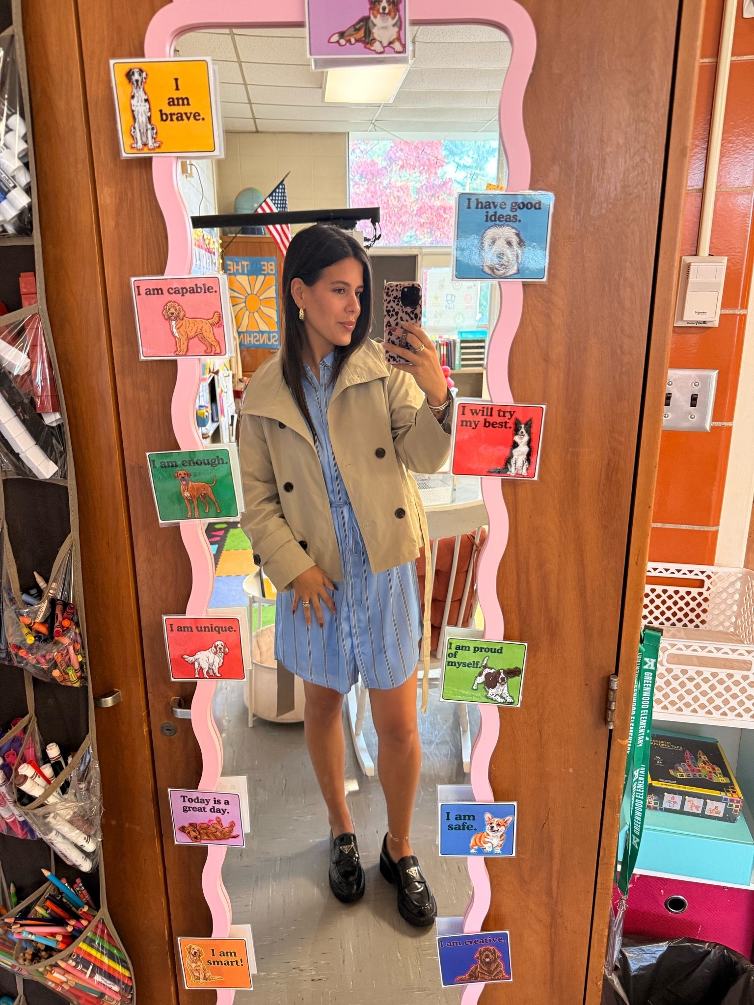Blue shirt dress & loafers. Such an easy outfit! A cute cropped trench coat on top!