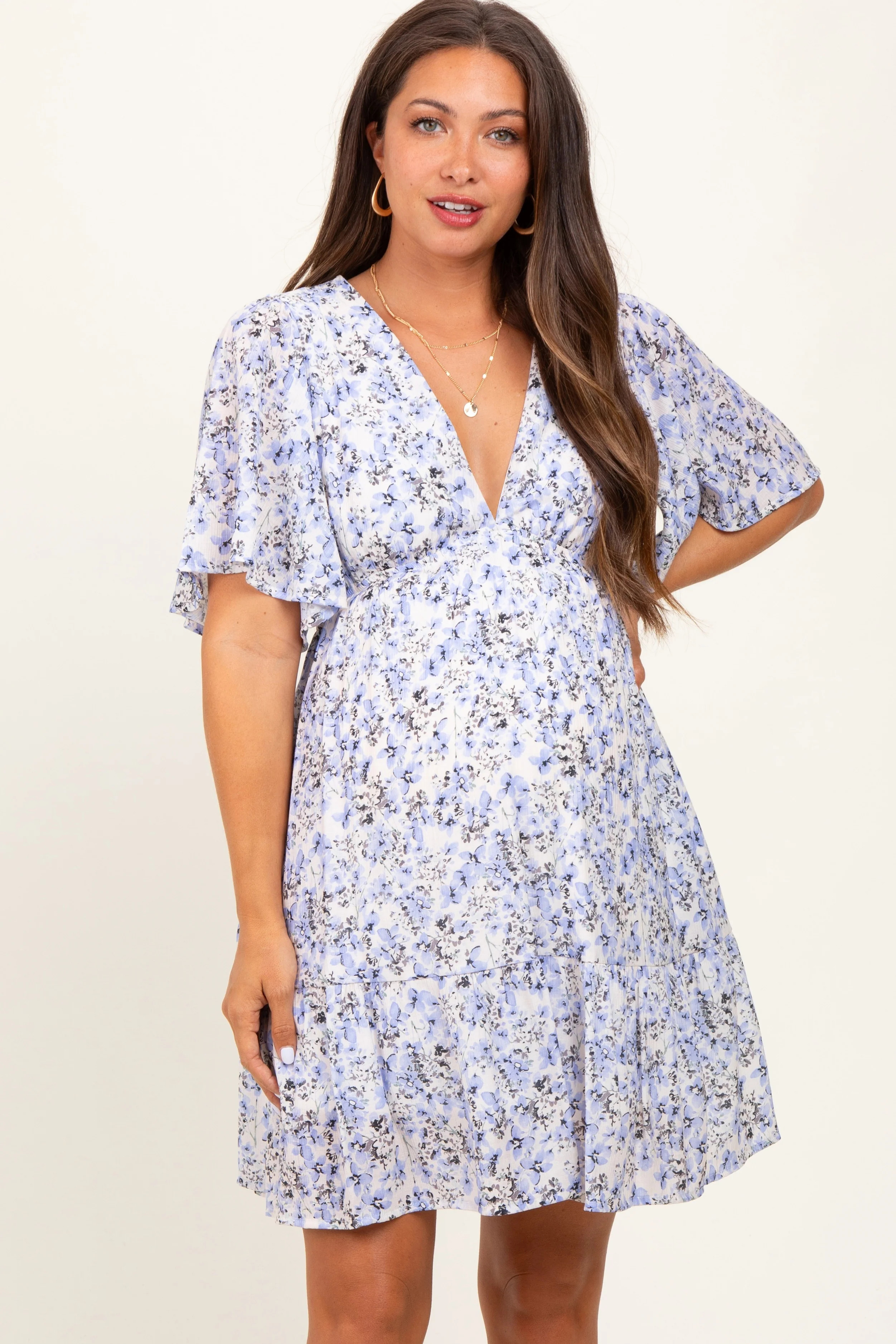 Periwinkle Floral V-Neck Flutter Sleeve Maternity Mini Dress - Small | PinkBlush Maternity
