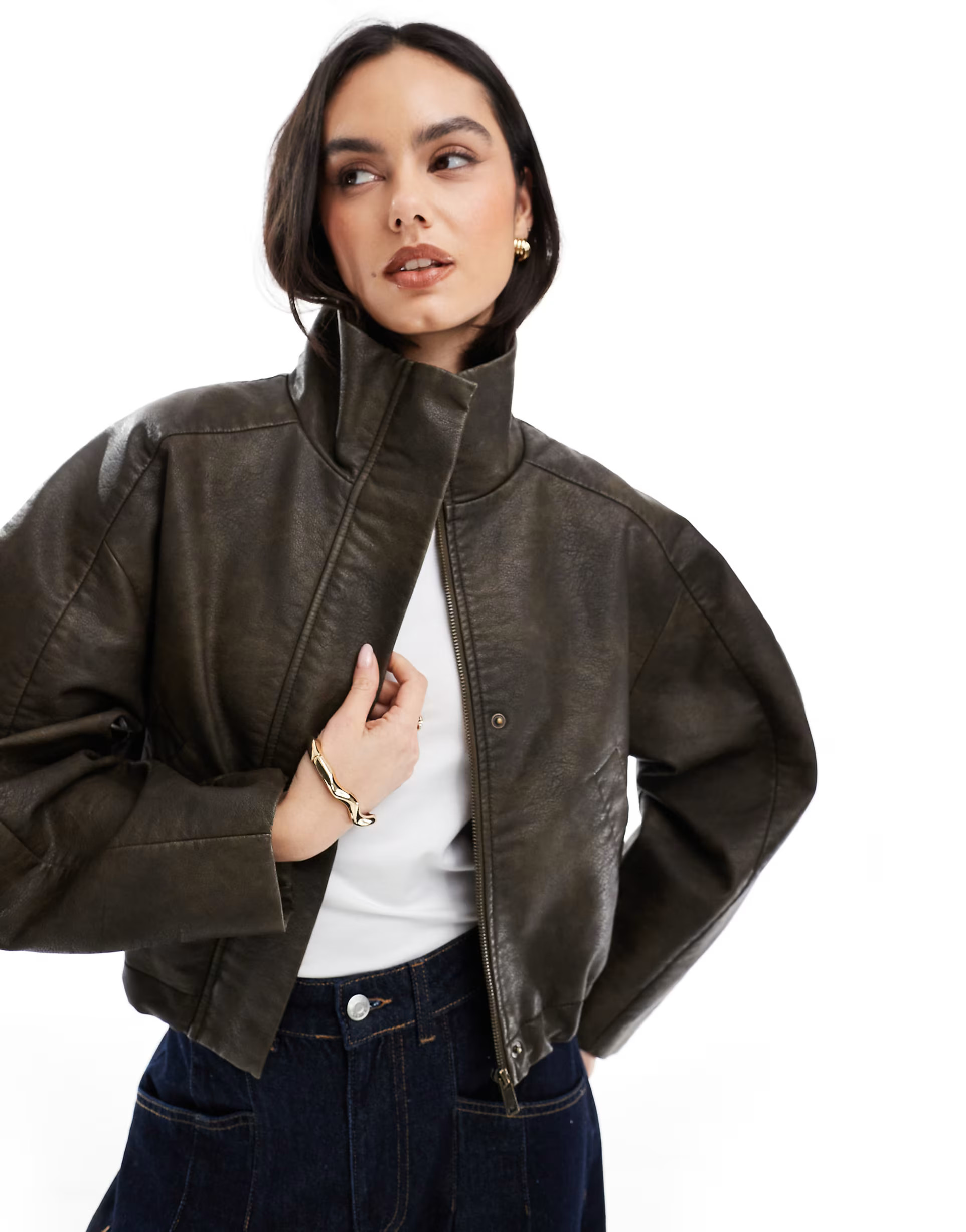 ASOS DESIGN funnel neck textured leather look bomber jacket in brown | ASOS | ASOS (Global)