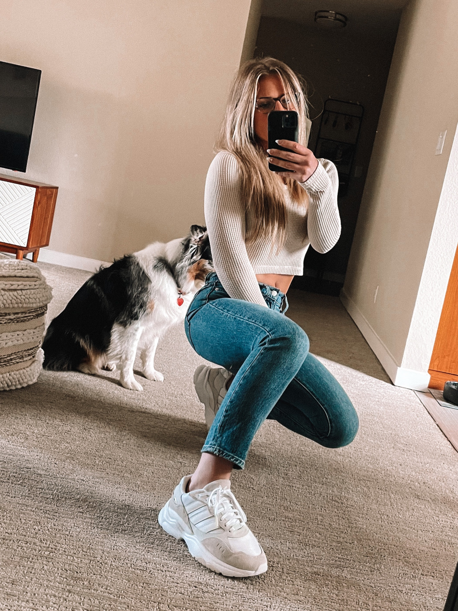 what I wore to wfh. 
jeans size 24p. cropped waffle xs. shoes tts  