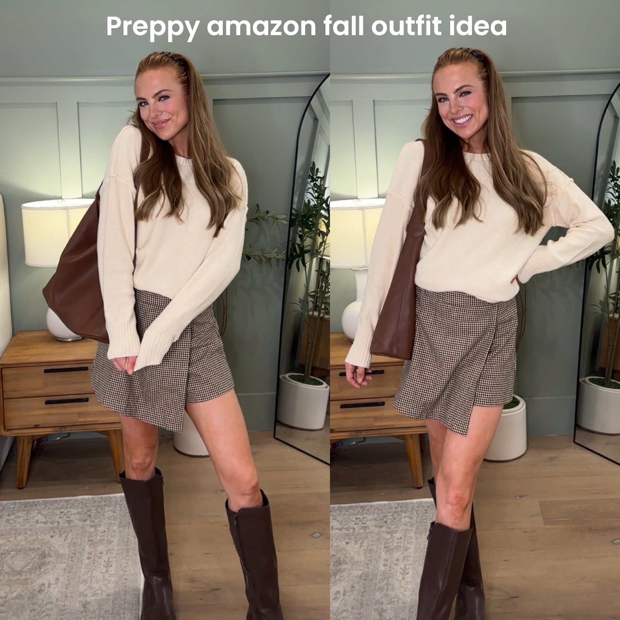 Preppy Amazon fall outfit idea fall fashion prefall transitional look outfit idea skirt skirt neutral sweater cute tan brown beige riding boots cute affordable look for less 