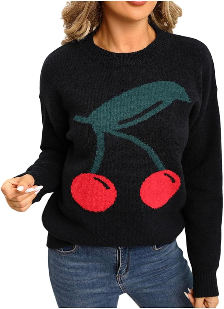 Women's Fall Sweaters Fashion Trendy Cherry Graphic Pullover Sweater Crewneck Long Sleeve Knit To... | Amazon (US)