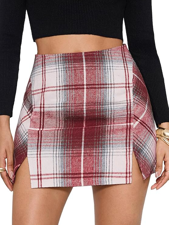 EXLURA Women's Fashion Faux Wool Mini Skirt High Waisted Y2K Trendy Side Slit Tweed Plaid Skirts ... | Amazon (US)