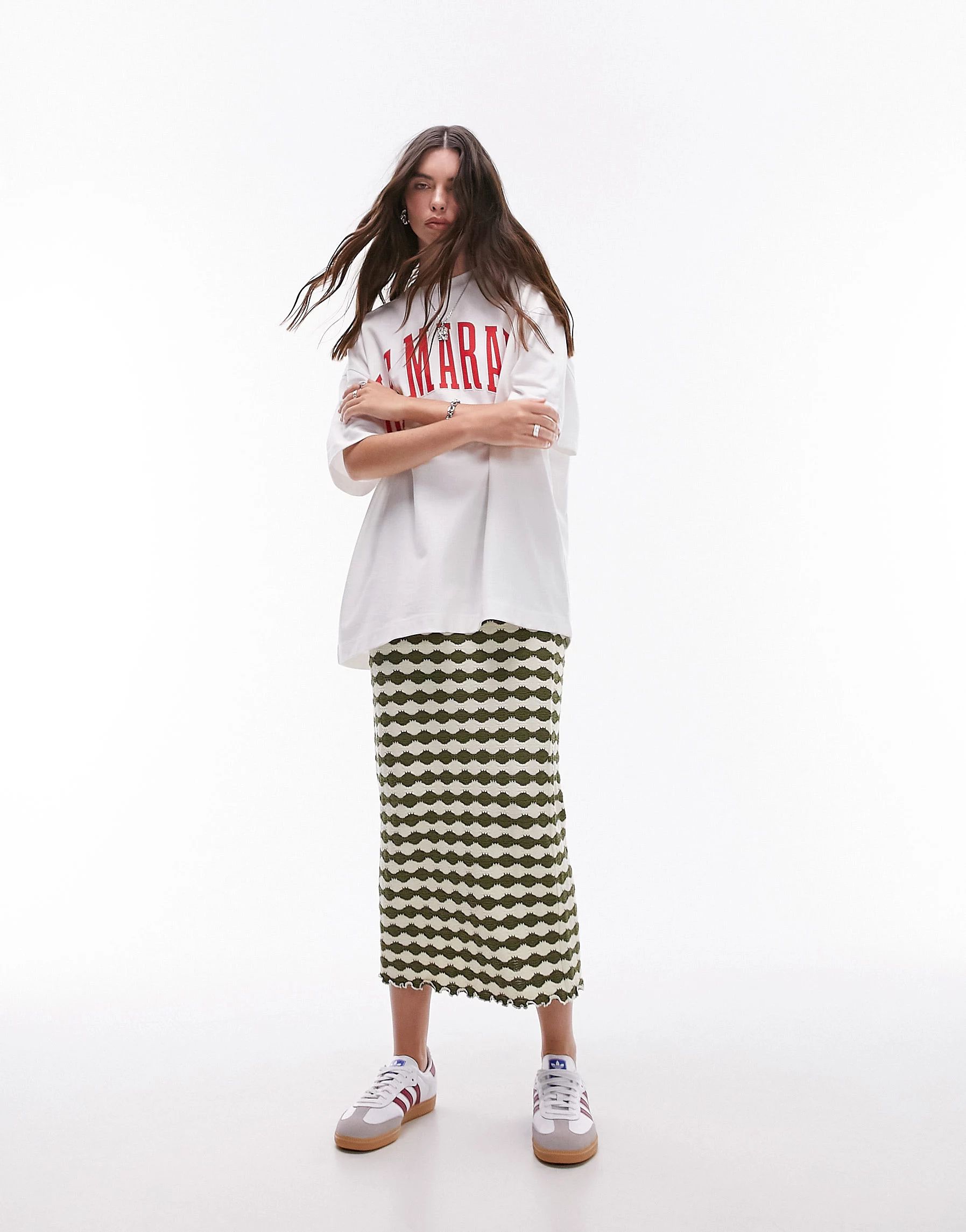 Topshop patterned stripe jersey column maxi skirt in olive | ASOS (Global)