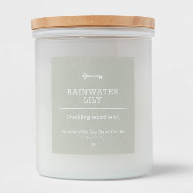 Milky White Glass Woodwick Candle with Wood Lid and Stamped Logo Rainwater Lily - Threshold™ | Target