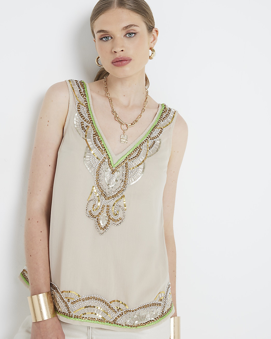 Beige embellished tank top | River Island (UK & IE)