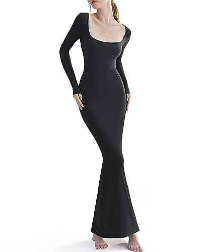 KIKIMINK Women's Maxi Dress with Square Neck, Sexy Lounge Long Sleeve Bodycon Dresses with Ribbed for Home, Party, Work - Black S | Amazon (US)