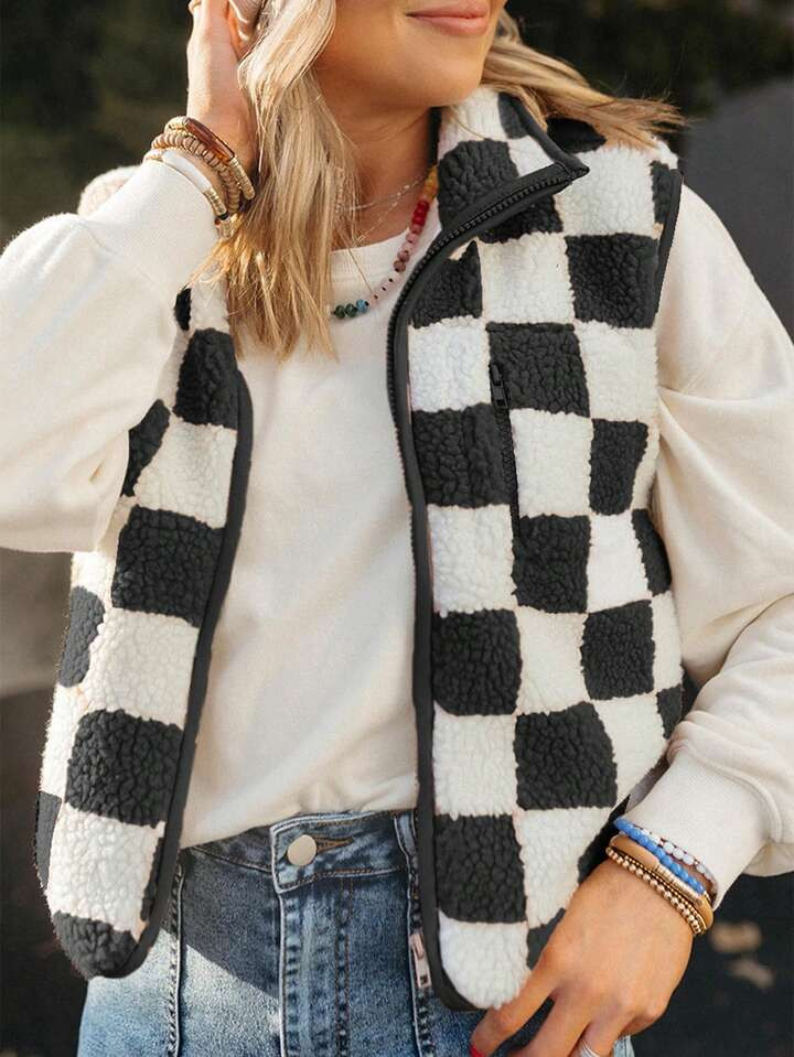 Astylish Women Sleeveless Checkered Sherpa Jacket Lightweight Warm Zip Up Outerwear Zipper Vest W... | SHEIN