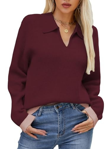 Collared Sweaters for Women V Neck Long Sleeve Pullover Sweater Lightweight Loose Ribbed Knit Pol... | Amazon (US)