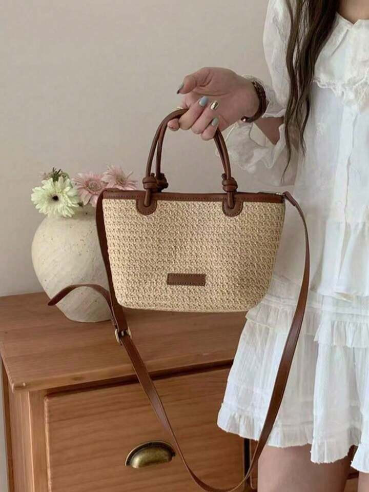 Summer Beach Vacation Straw Woven Handbag, Tote Shoulder Bag, Rope Knot Picnic Basket Bag, Fashio... | SHEIN