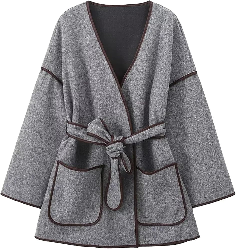 Women's Wool Blend Coat Casual Loose V-neck Cardigan Pea Coat Jackets Vintage Windproof Overcoat ... | Amazon (US)