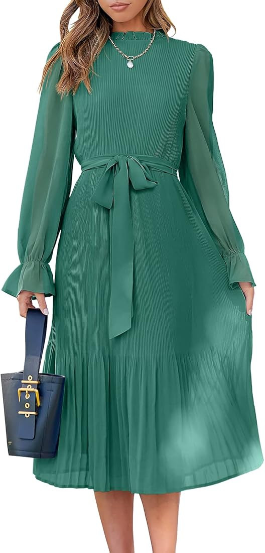 ANRABESS Women's Floral Midi Dress Puff Long Sleeve Ruffle Trim Smocked A-line Pleated Swing Chif... | Amazon (US)