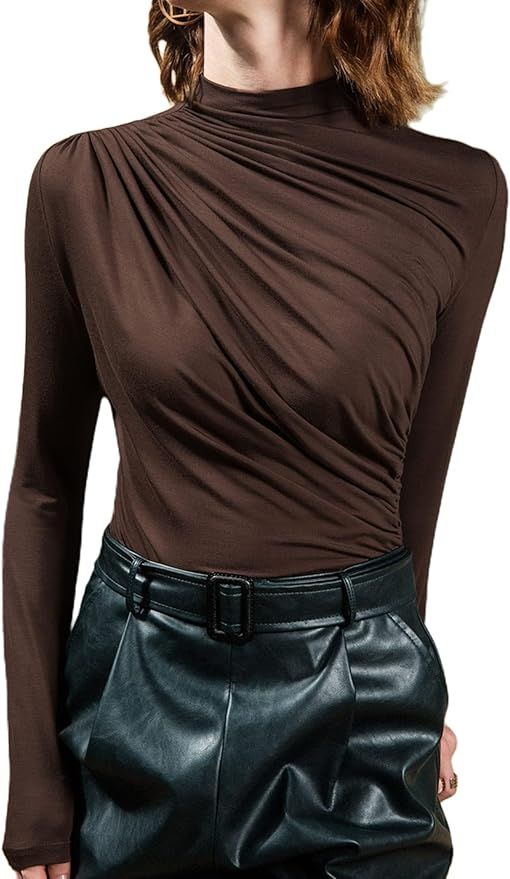 Avanova Women Elegant Long Sleeve Ruched Front Top Mock Neck Work Blouse Shirt | Amazon (US)