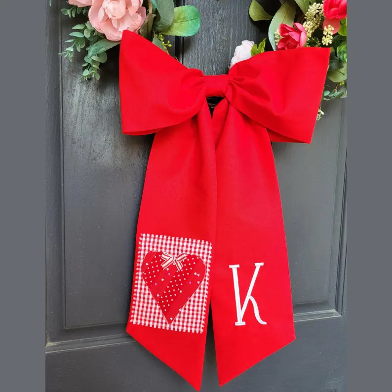 Red Valentine's Wreath Sash: Wreath Bow with Patchwork Appliqued Heart, Handmade Valentines Day F... | Etsy (US)