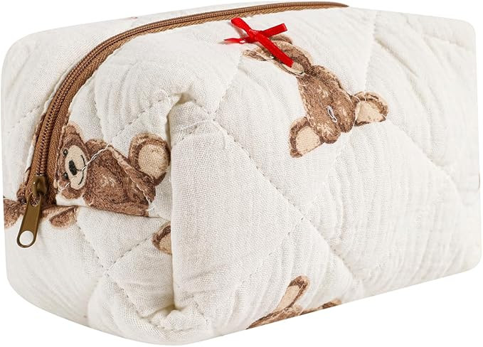 Small Quilted Cotton Makeup Bag, Cute Floral Cosmetic Bag, Cotton Aesthetic Makeup Pouch, Kawaii ... | Amazon (US)