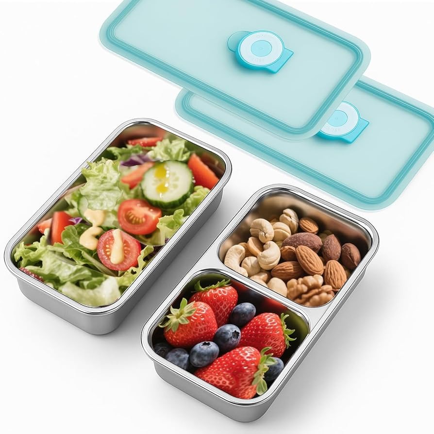 2Pcs Stainless Steel Snack Containers - Reusable Double Compartment Condiment Box with Lids for K... | Amazon (US)
