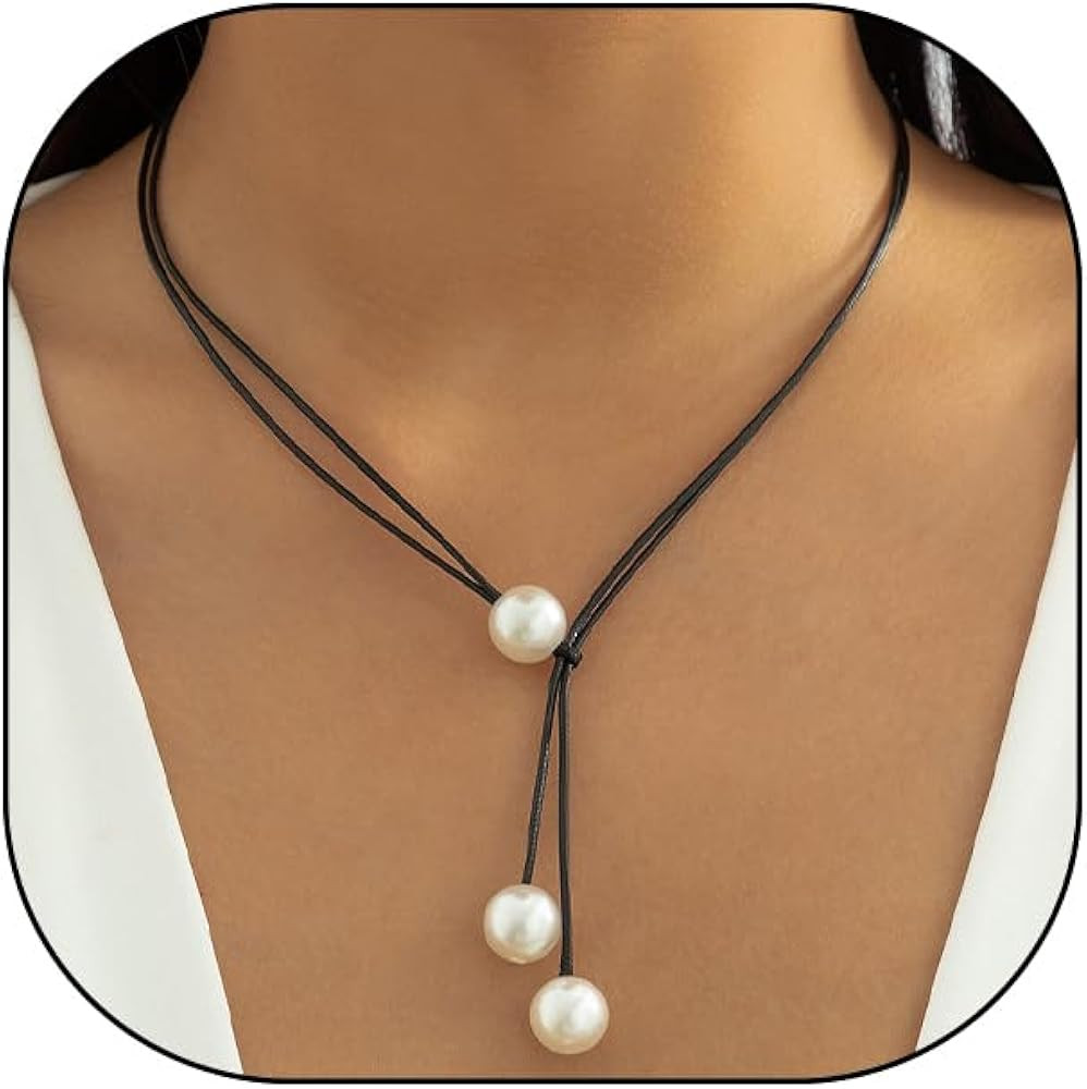 FUTIMELY Pearl Lariat Necklace for Women Black Leather Choker Necklace | Amazon (US)