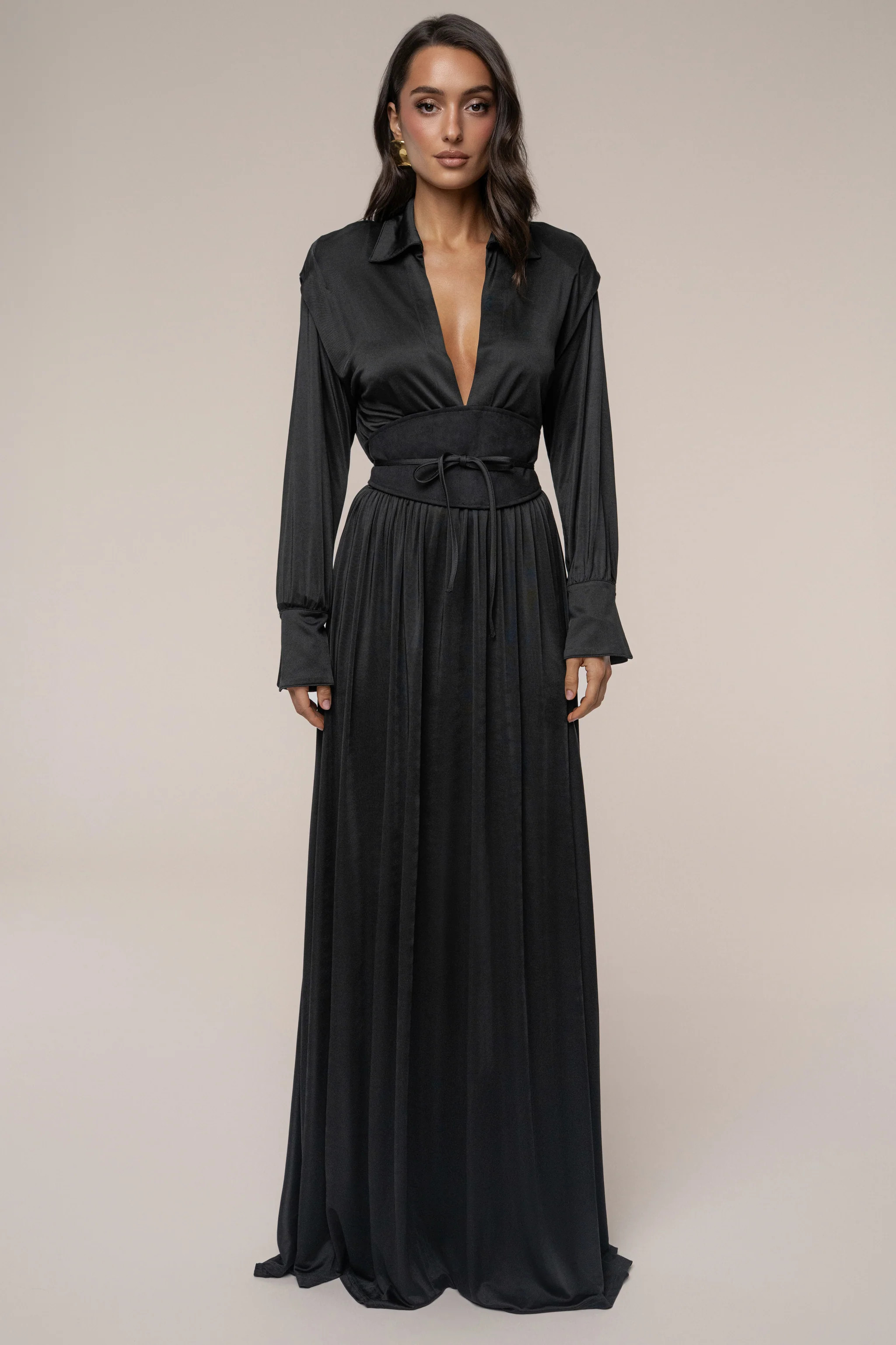 Black High Line Collar Maxi Dress | JLUXLABEL
