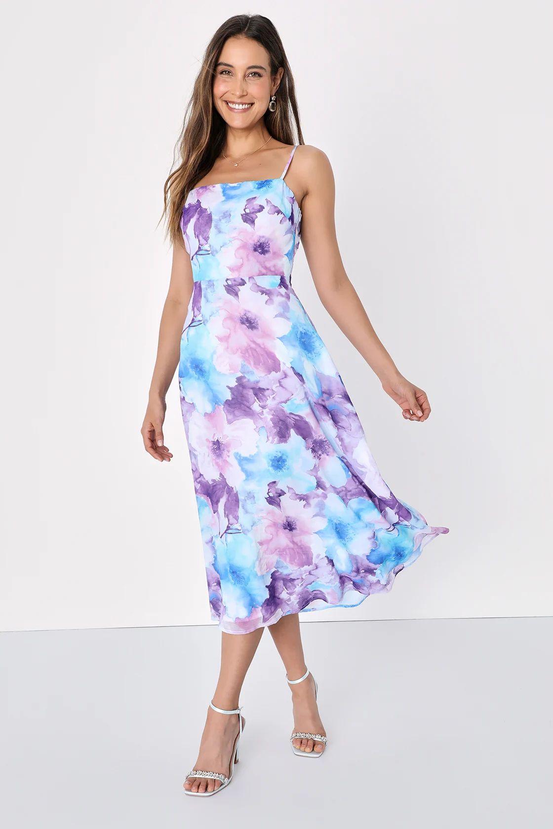 Radiant Feelings Blue and Purple Chiffon Floral Midi Dress | Lulus (US)