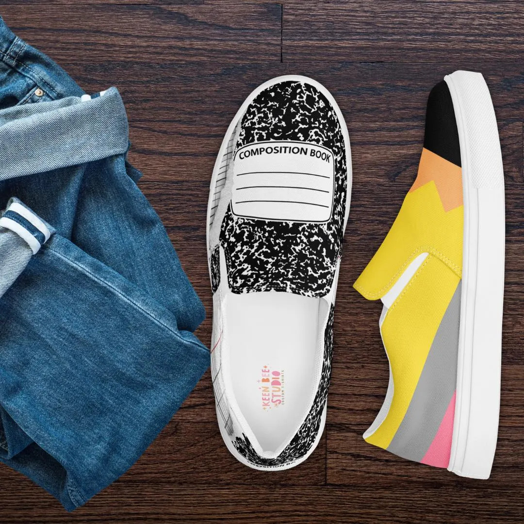 Teacher Vibes Canvas Slip-ons, Pencil & Composition Book Design | Shoes For Teachers | Pencil Sho... | Etsy (US)