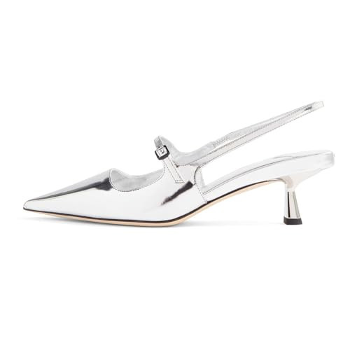 MIRAAZZURRA Slingback Kitten Heels Pumps Pointed Toe Patent Leather Low Heel Slip On Dress Shoes with Buckle Strap for Dating Party Working Silver 6.5 | Amazon (US)