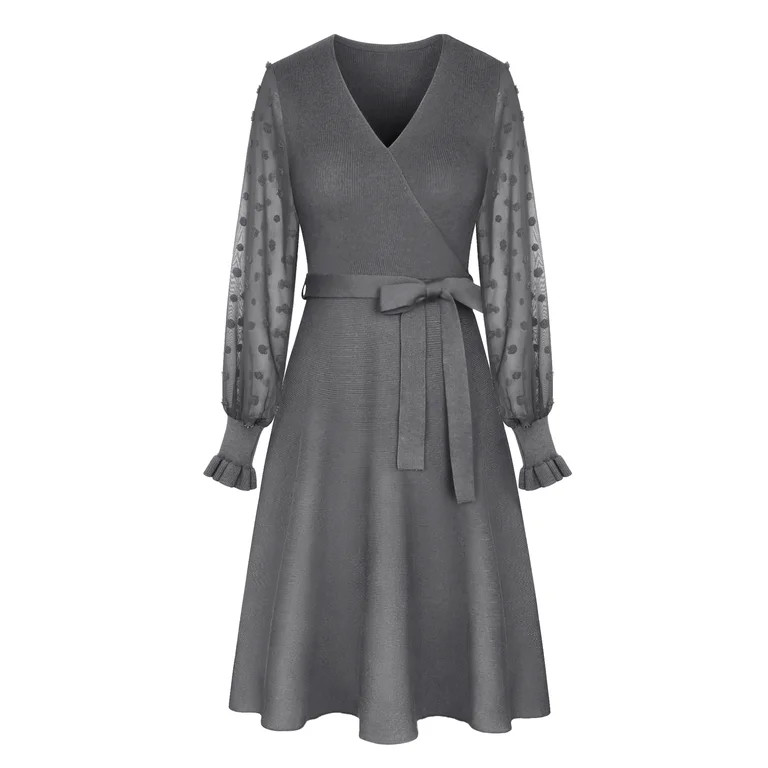 Chama Sweater Dress for Women Swiss Dot Shirred Long Sleeve Knit Wrap Dresses - Walmart.com | Walmart (US)