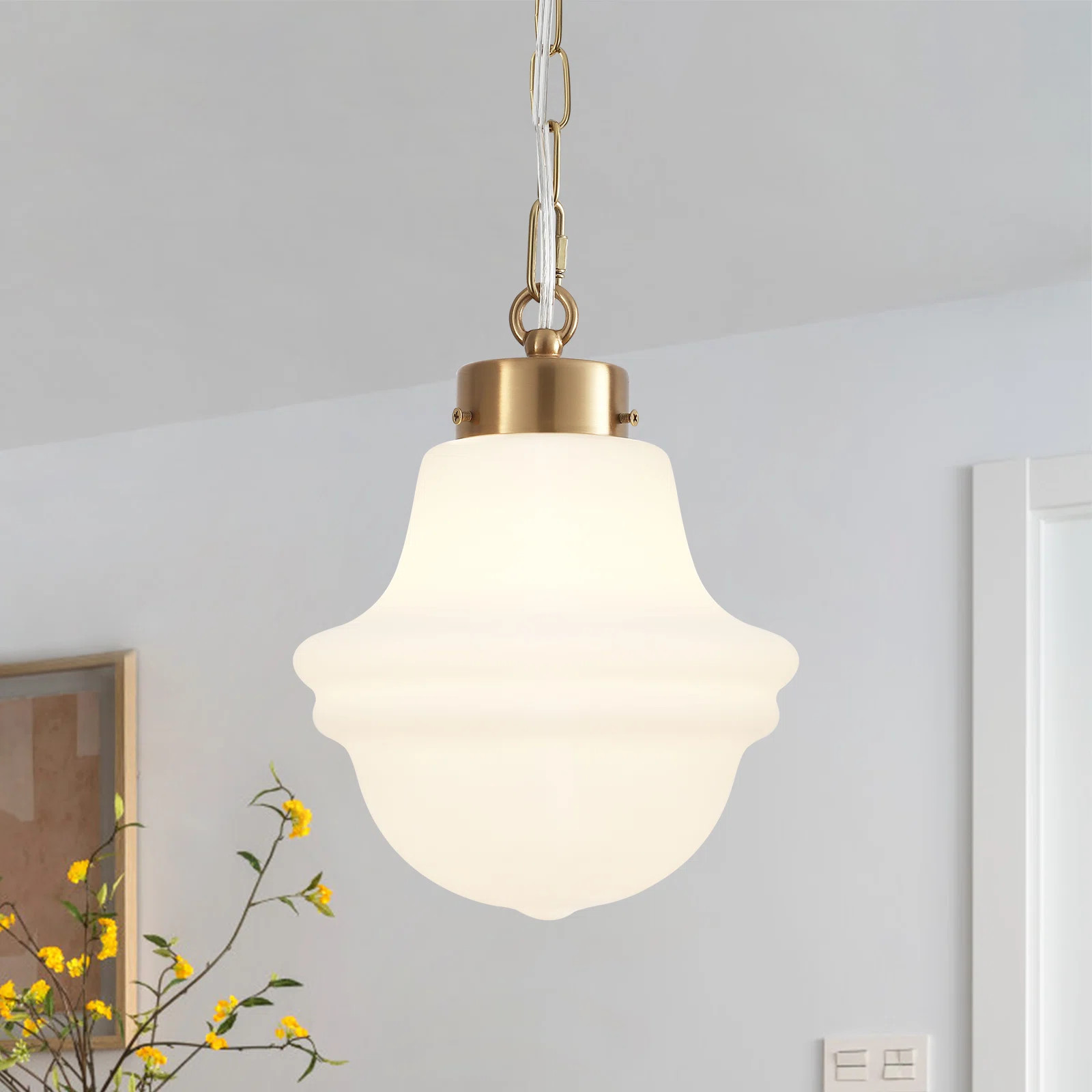 Myrtis 8.26 in. 1-Light Schoolhouse Metal Pendant Light with Frosted Opal Glass Shade Adjustable ... | Wayfair North America