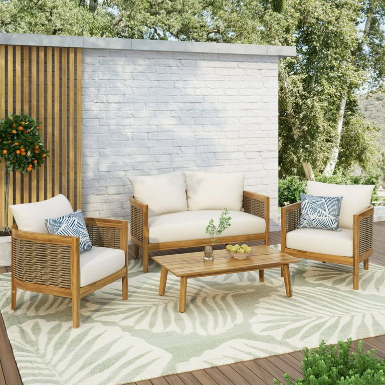 Rattler Acacia Wood 4-Piece Outdoor Chat Set with Cushions, Teak, Mixed Brown, and Beige | Walmart (US)