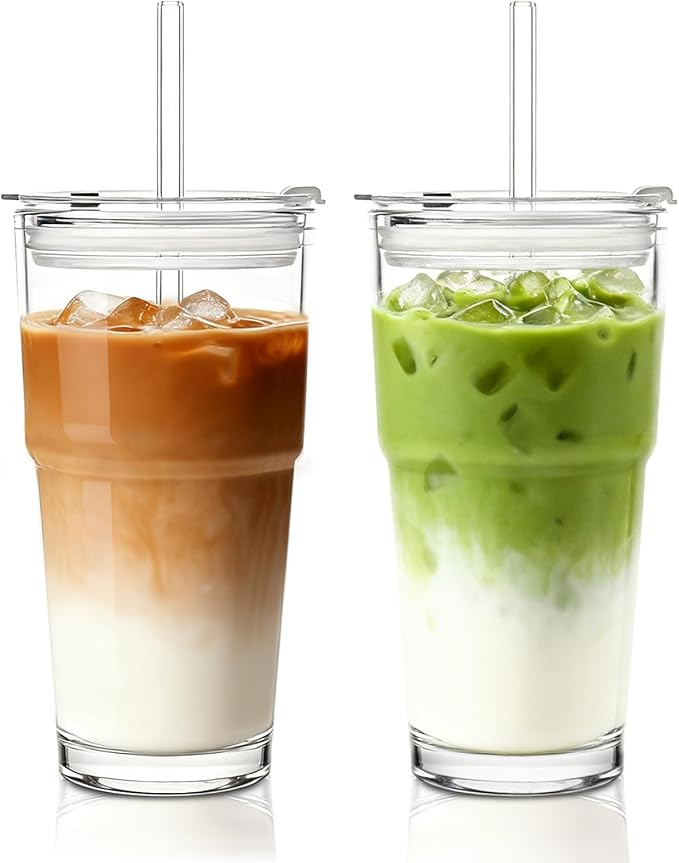 INSETLAN 20oz Clear Glass Cup with Lid and Glass Straw, Set of 2 Thickened Glass Coffee Tumblers,... | Amazon (US)