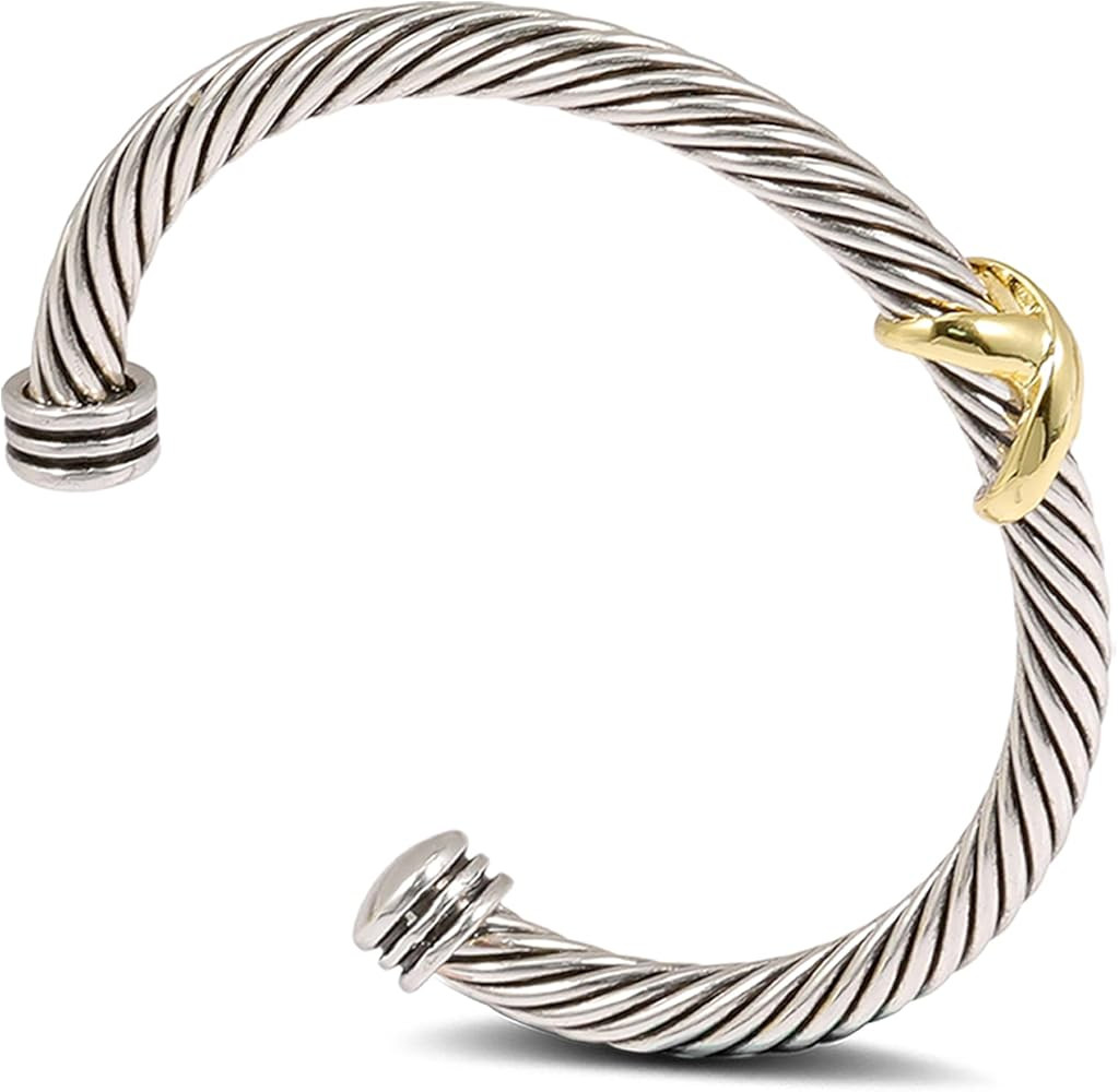 Cable Cuff Bangle for Women Twisted Bracelet, Cable Wire Bangles Bracelets Two Tone Cross Women J... | Amazon (US)