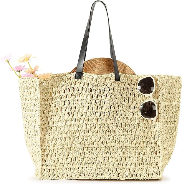 Herald Large Handmade Straw Tote Handbag for Women, Summer Beach Weaving Chic Woven Shoulder Purs... | Amazon (US)