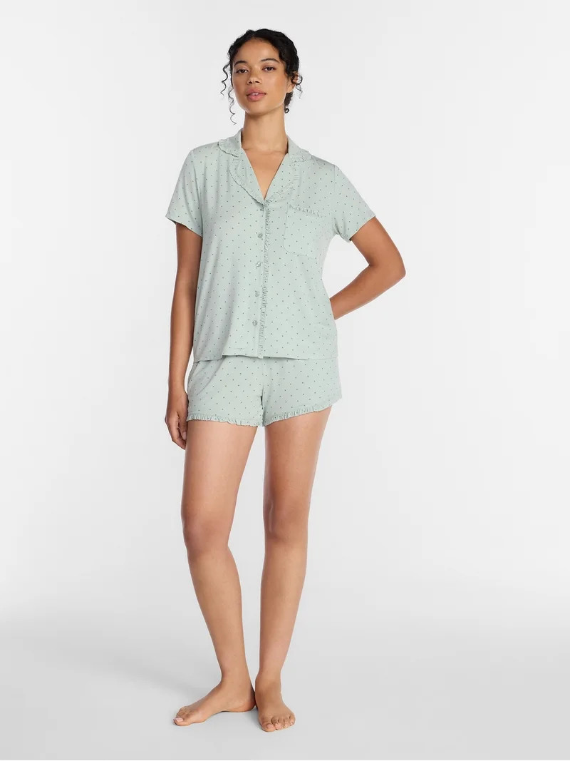 Joyspun Women’s Modal-Blend Ruffle Trim Notch Collar Top and Shorts Pajama Set, 2 Piece, Sizes ... | Walmart (US)