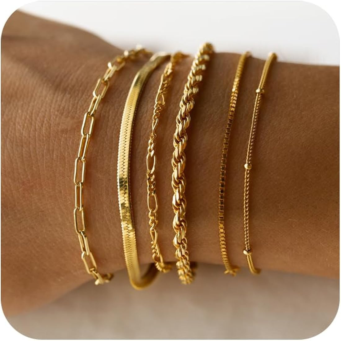 Awvialy Gold Bracelets for Women, 14K Gold Plated Dainty Bracelet Set Stackable Paperclip Box Bea... | Amazon (US)