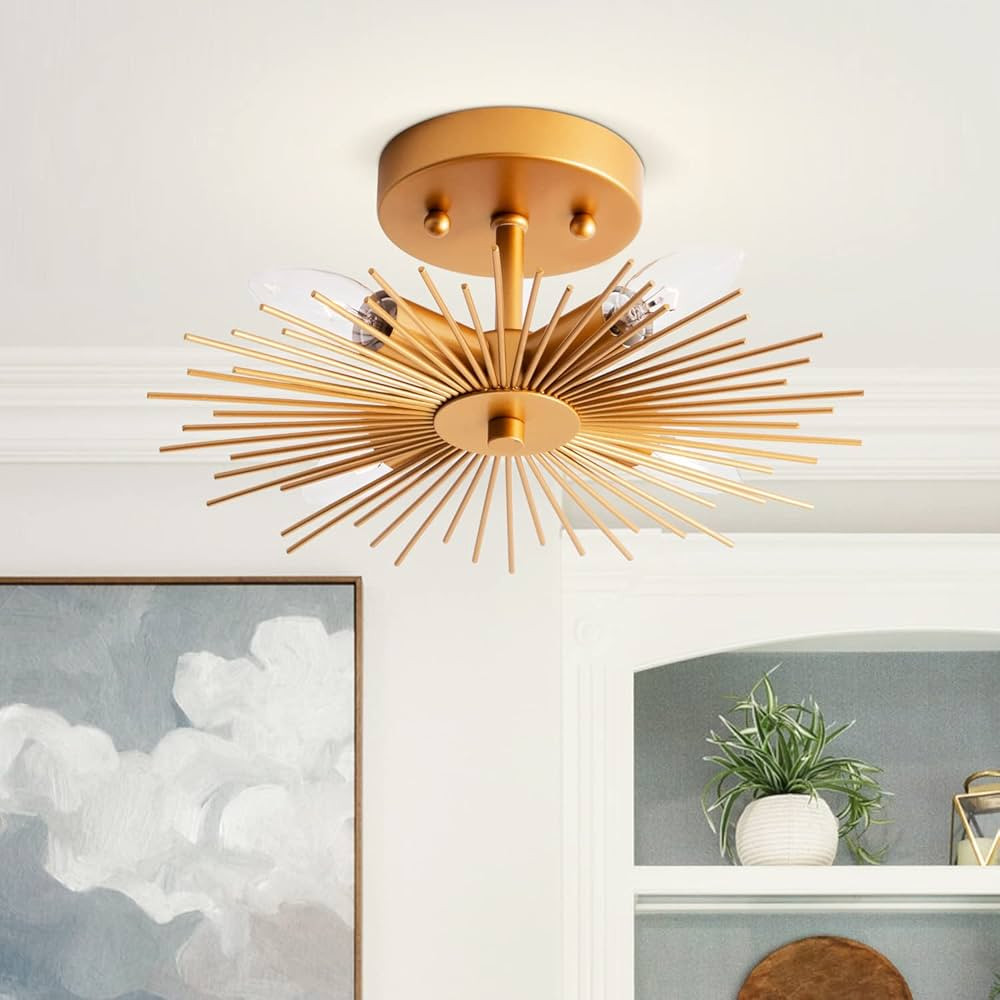 VILUXY Gold Flush Mount Ceiling Light, Modern Brass Sputnik Starburst Semi Light Fixture Small 12... | Amazon (US)