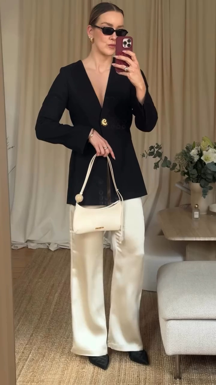 Styling my new sézane finds ✨ 

Spring Outfits , Frühlingslooks, spring Trends, minimal Outfits , black Blazer , SatinPants , Jacquemus bag
