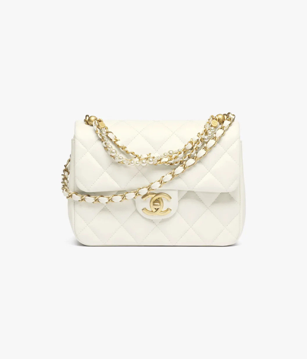 Mini flap bag, Shiny lambskin, imitation pearls & gold-tone metal, ecru — Fashion | CHANEL | Chanel, Inc. (US)