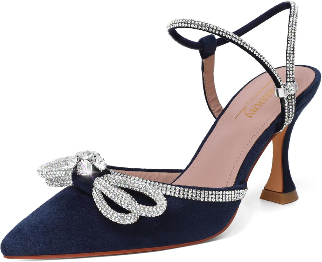 Susanny Women's Closed Toe Rhinstone Wedding Low Heel Slingback Clear Kitten Heels,Adjustable Str... | Amazon (US)