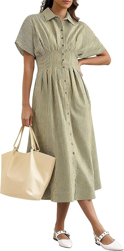 MSBESYOR Women Button Front Pleated Shirt Maxi Dress Summer Striped Dresses | Short Sleeve, Butto... | Amazon (US)