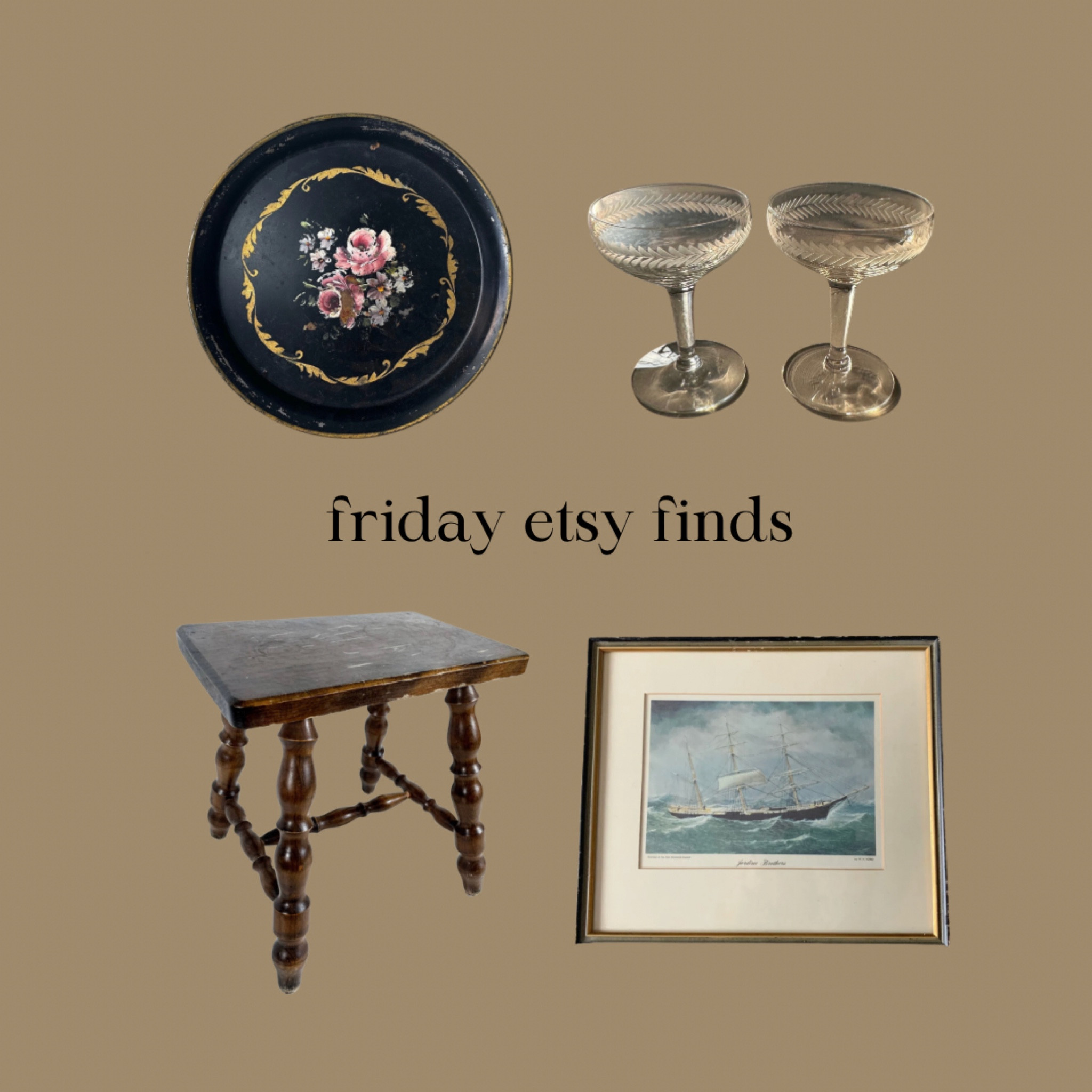 Friday Etsy finds include the cutest vintage stool, vintage artwork, a painted tray (great on the wall) and vintage coupes. 

Home decor, vintage style, eclectic, home style 

#LTKstyletip #LTKhome #LTKfindsunder100