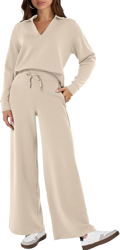 Glamaker Women's 2 Piece Sets Outfits Casual Long Sleeve Sweatsuits Polo Top and Wide Leg Pants M... | Amazon (US)