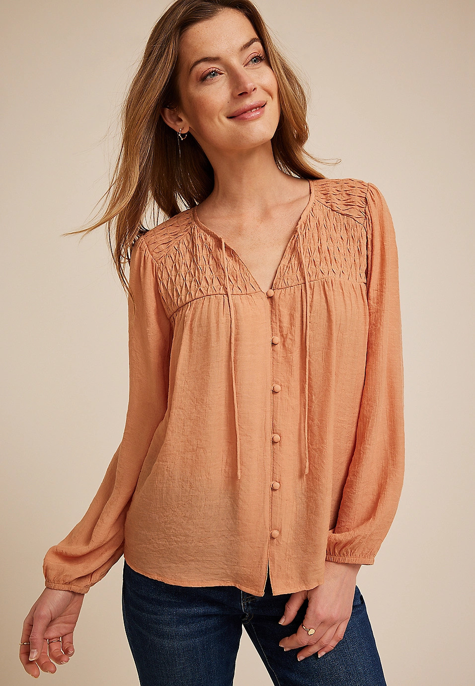 Cinched Yoke Button Front Peasant Blouse | Maurices