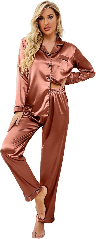 Ekouaer Women's Classic Button Down Long Satin Silk Pajama Set | Amazon (US)