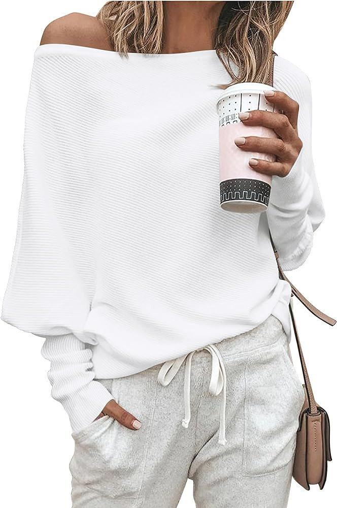 Zenlonr Women's Fall Sweaters 2024 Casual Long Batwing Sleeve Loose Off Shoulder Knit Pullovers J... | Amazon (US)